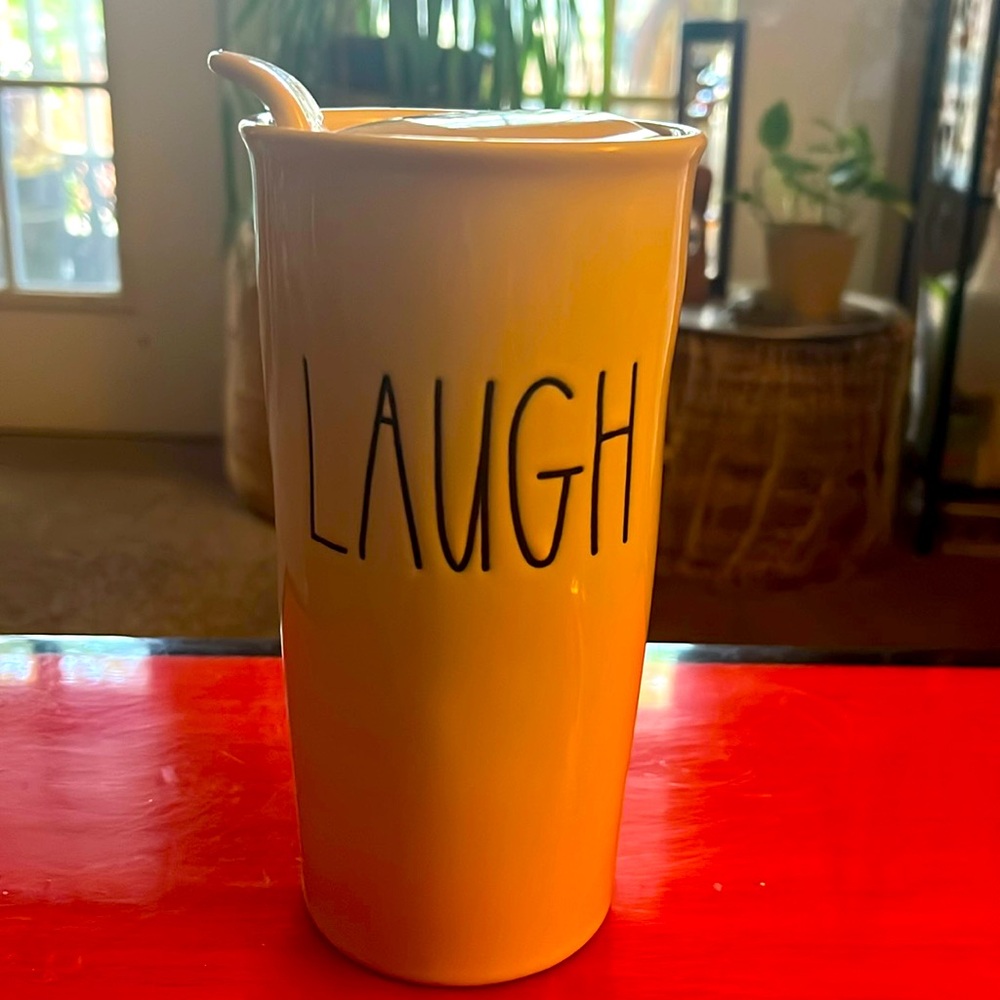 Rae Dunn LAUGH Ceramic Coffee Mug w/Lid